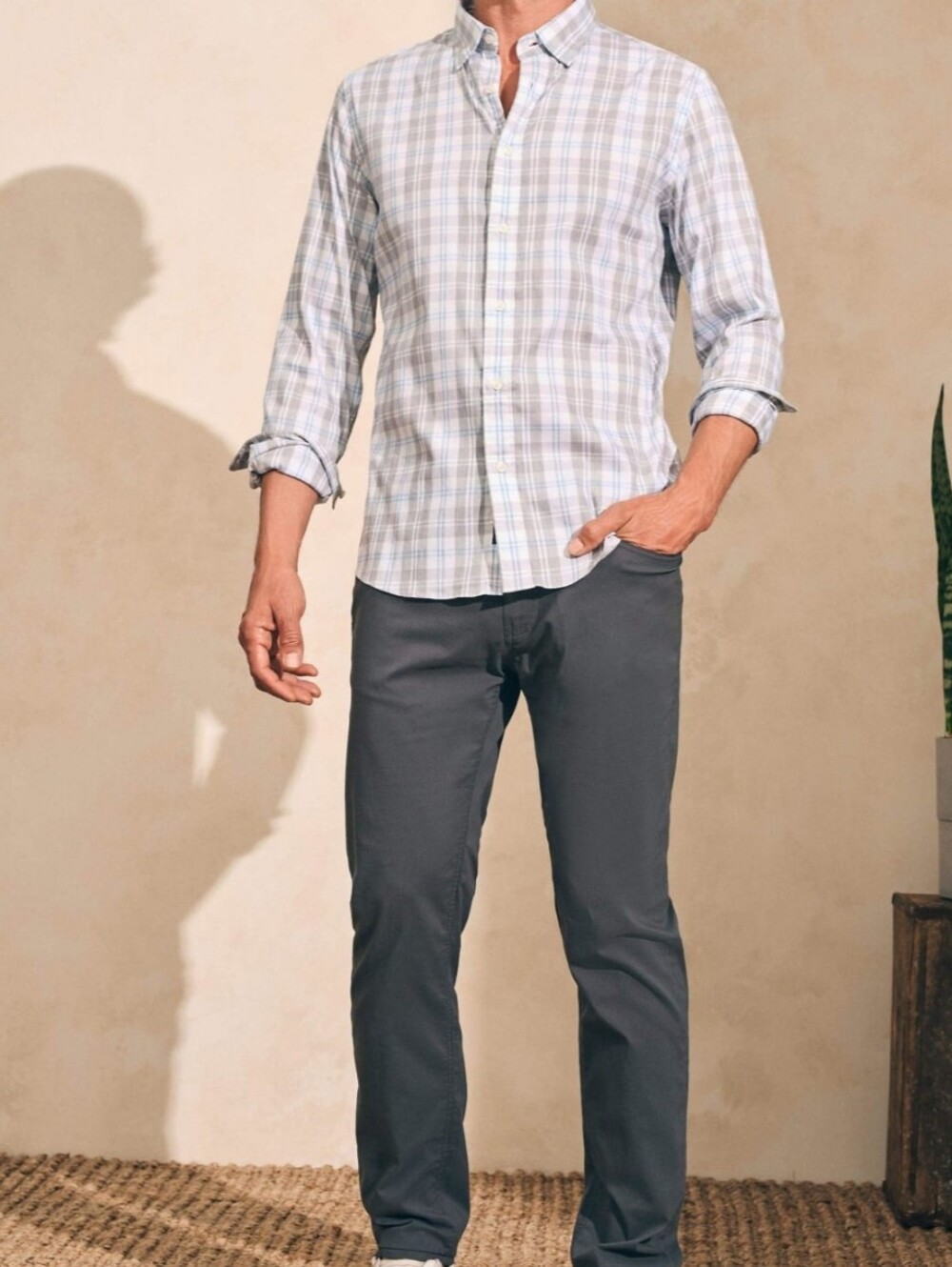 Faherty Movement Sport Shirt Grey Cream Plaid Men's Small